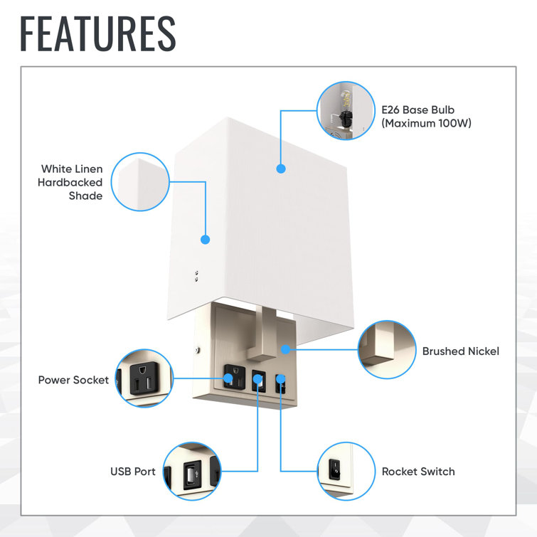 White Fabric Shade Modern Wall Sconce with USB Port