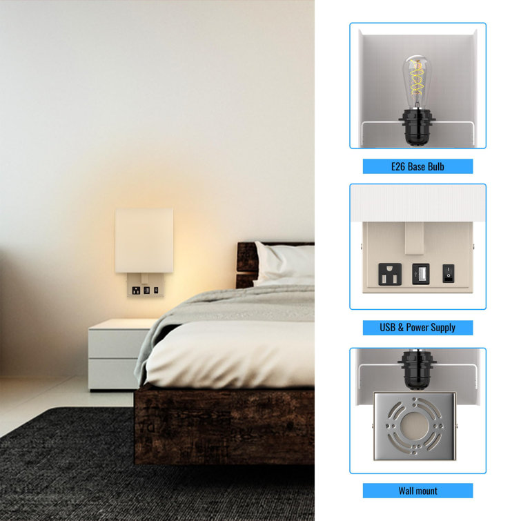 White Fabric Shade Modern Wall Sconce with USB Port