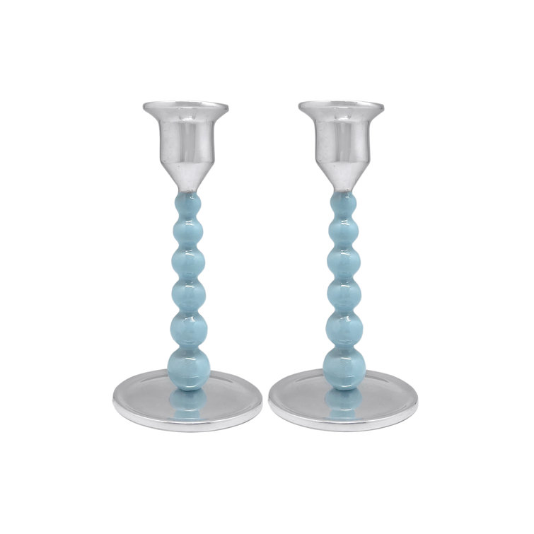 Aqua Aluminum Beaded Tabletop Candlestick Set