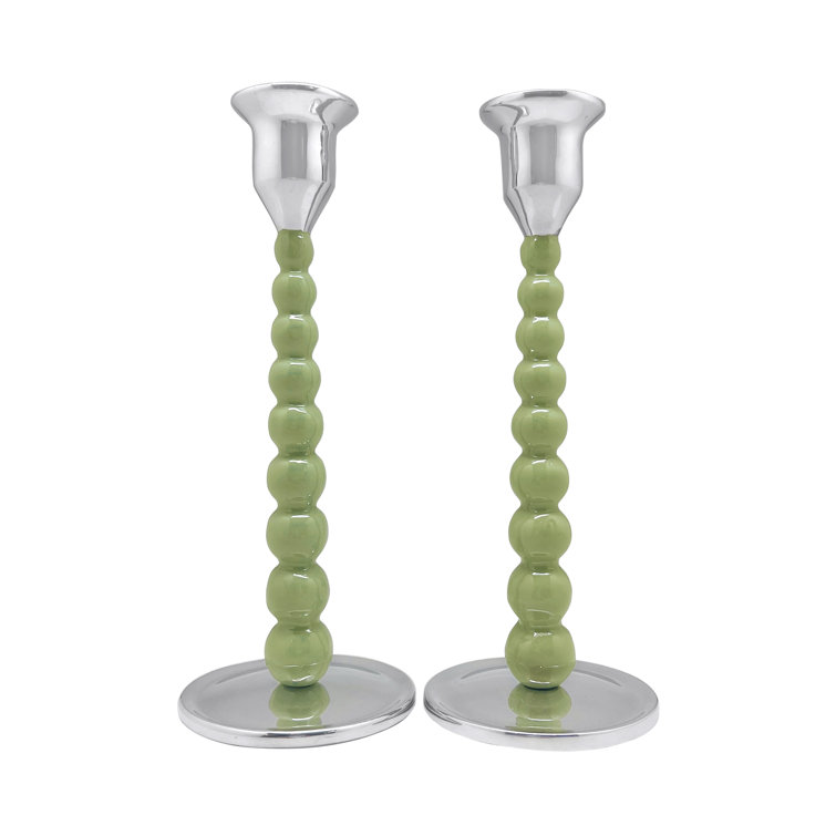 Medium Green Pearled Aluminum Tabletop Candlestick Set