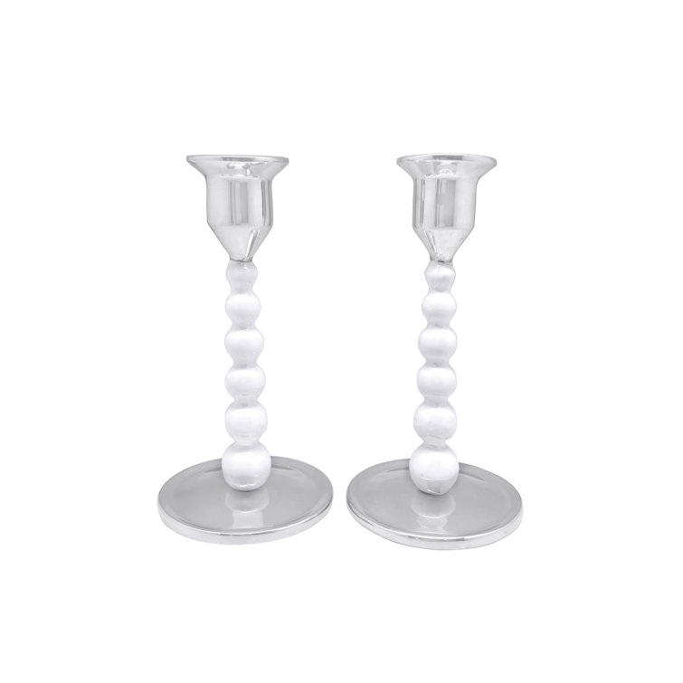 White Recycled Aluminum Pearled Candlestick Set