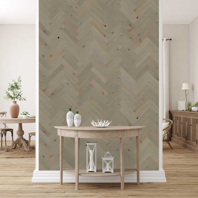 Pebble Gray Herringbone Self-Adhesive Red Pine Wall Planks, 10sq/ft