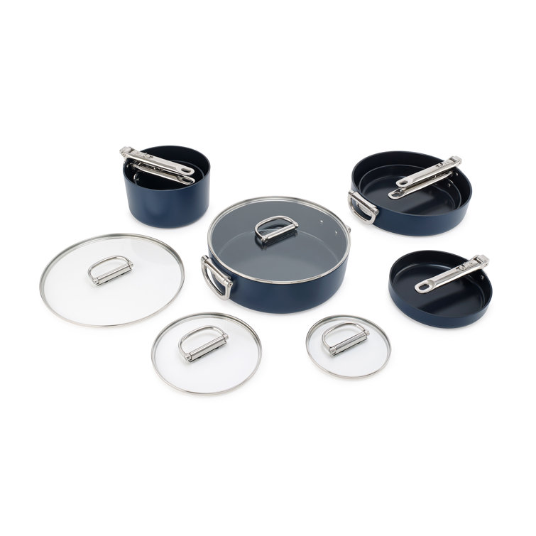 Blue Aluminum Non-Stick 10-Piece Cookware Set with Folding Handles