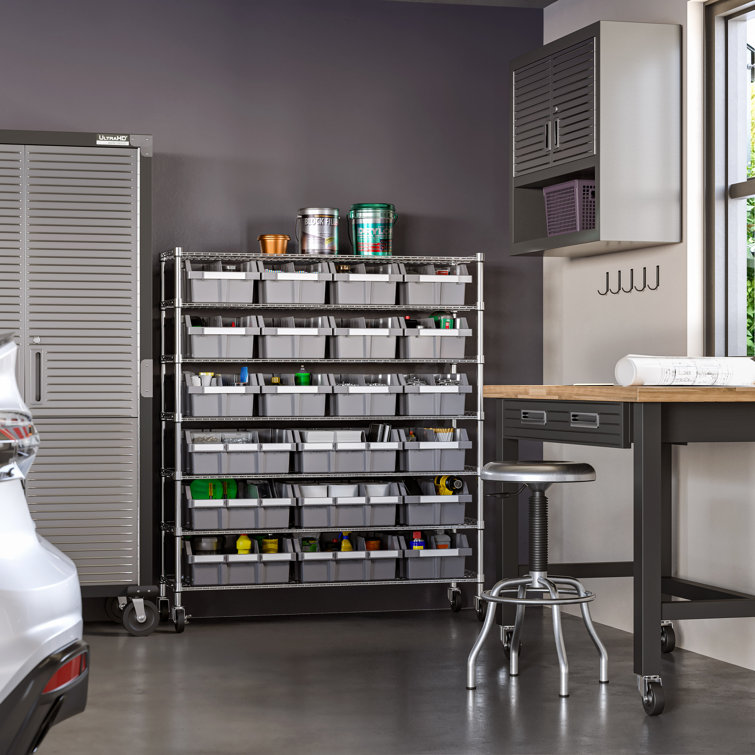 Extra-Wide Gray Steel 7-Tier Bin Rack with 21 Bins
