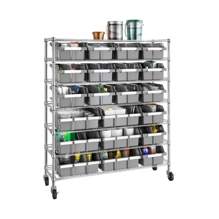 Extra-Wide Gray Steel 7-Tier Bin Rack with 21 Bins