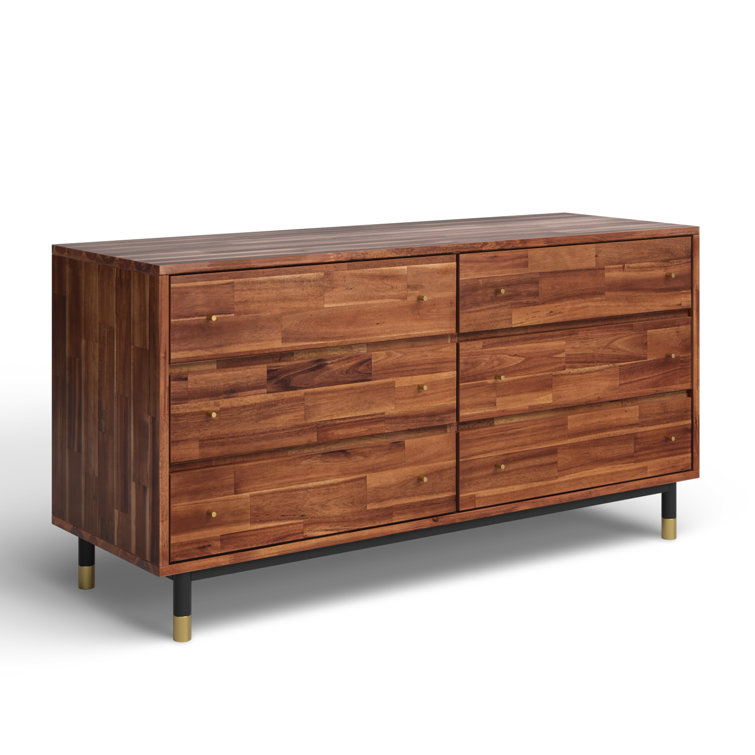 Dakota 58'' Brown Acacia Wood Double Dresser with Gold Accents