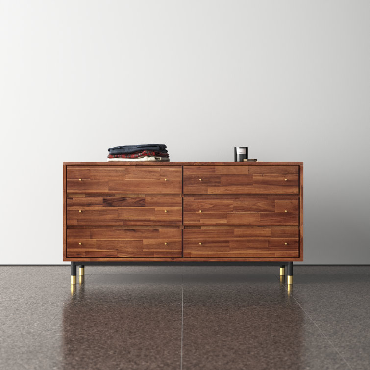 Dakota 58'' Brown Acacia Wood Double Dresser with Gold Accents