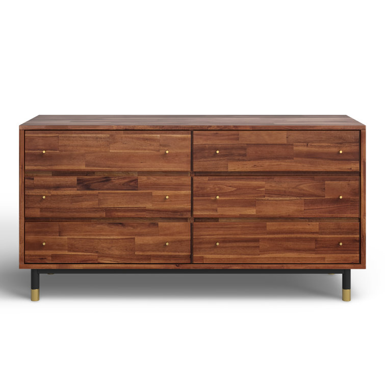 Dakota 58'' Brown Acacia Wood Double Dresser with Gold Accents
