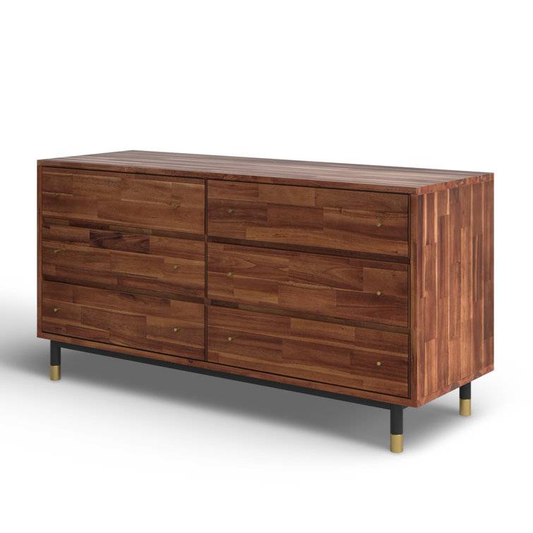 Dakota 58'' Brown Acacia Wood Double Dresser with Gold Accents