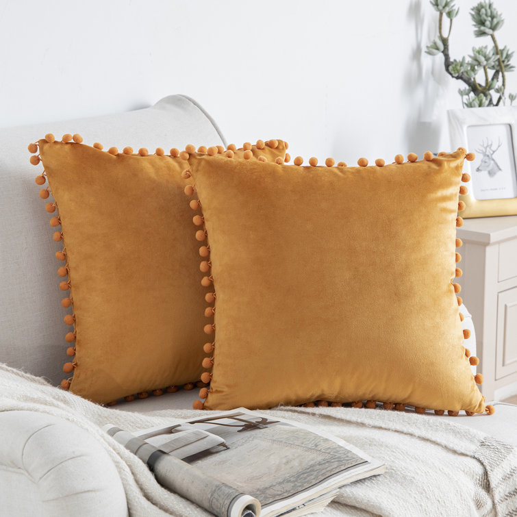 Golden Velvet Square Pom Pom Pillow Covers, 18" x 18", Set of 2