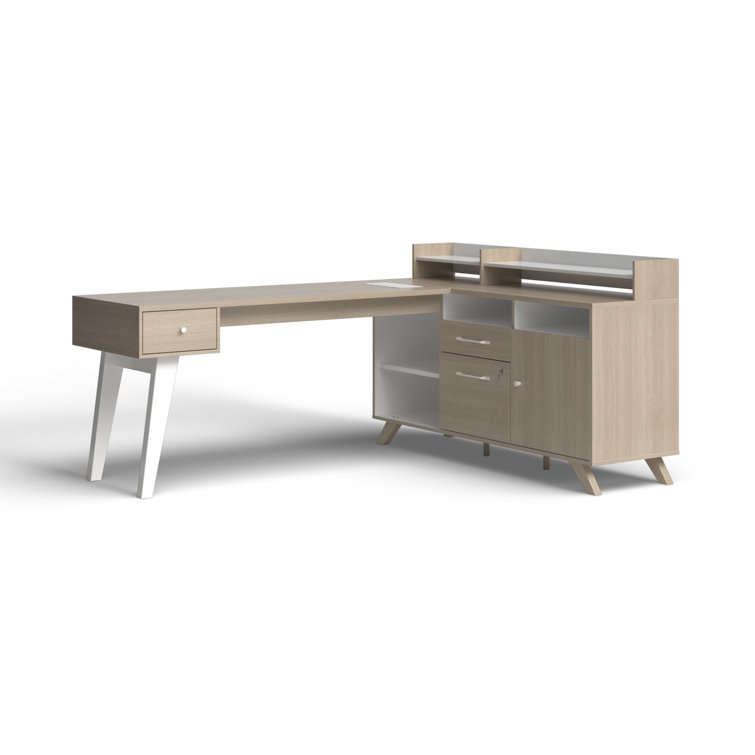 Soft Elm and White Executive Corner Desk with Hutch and Power Outlets