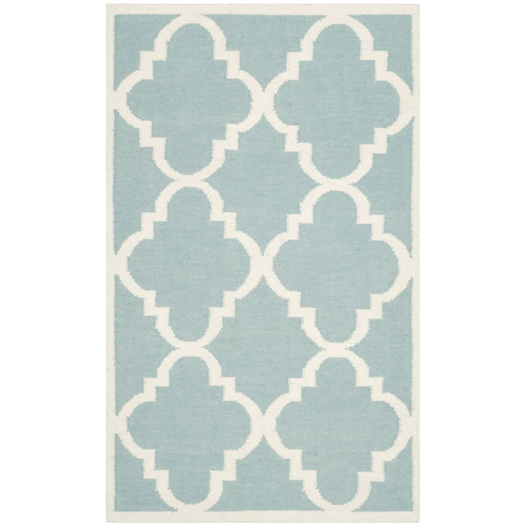 Light Blue and Ivory Wool Geometric Area Rug