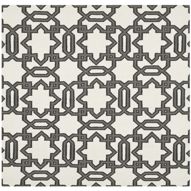 Ivory and Grey Geometric Flatweave Wool Rug, 6' Square