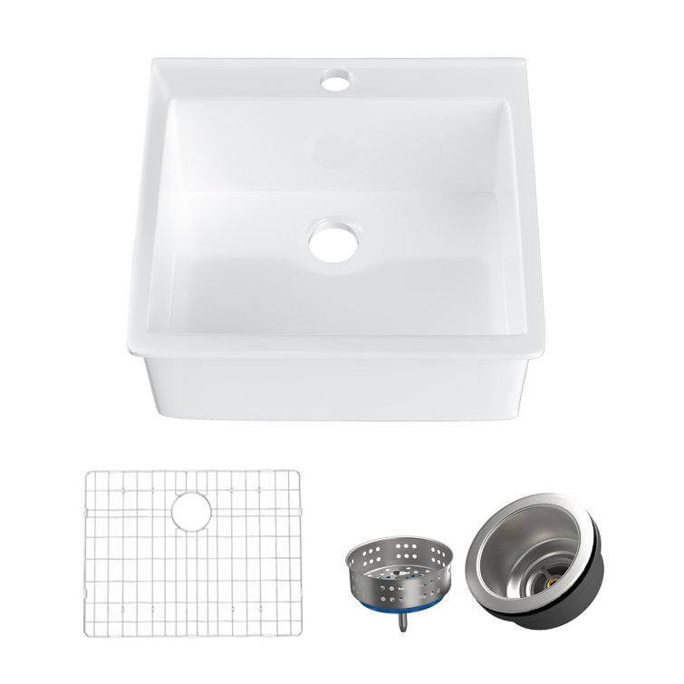 24'' White Fireclay Drop-In Single Bowl Kitchen Sink
