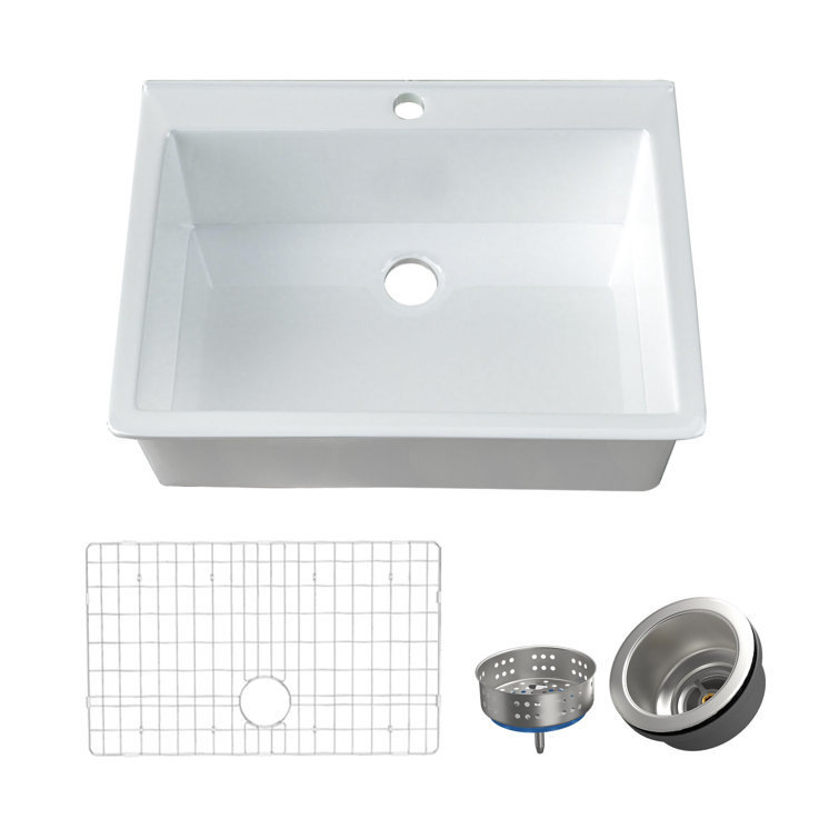 30'' Glossy White Fireclay Drop-In Single Bowl Kitchen Sink
