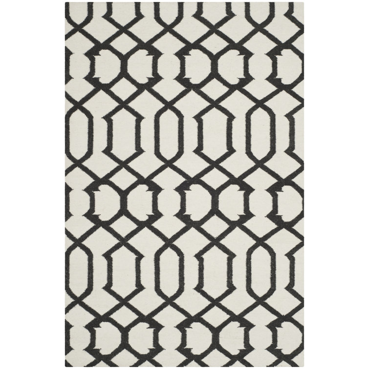 Ivory and Charcoal Geometric Wool Flatweave Rug