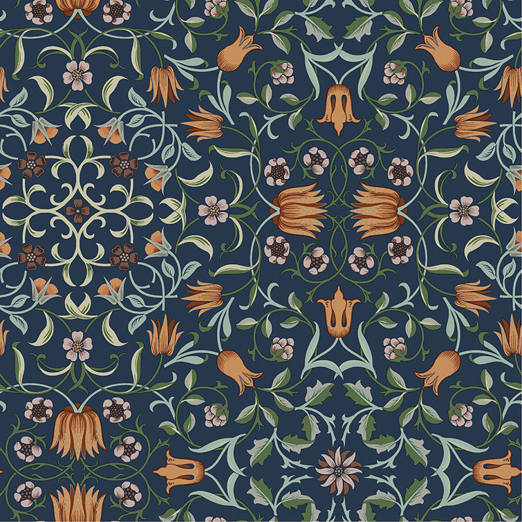 Dark Blue Floral Non-Pasted Washable Wallpaper Roll