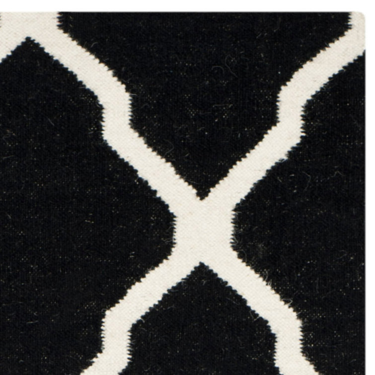 Black and Ivory Geometric Wool Flatweave Rug, 4' x 6'