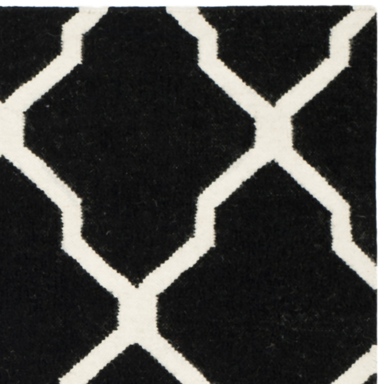 Black and Ivory Geometric Wool Flatweave Rug, 4' x 6'