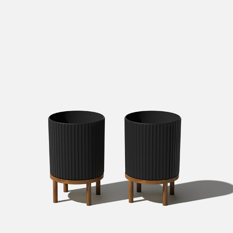 Demi Series 12" Black/Brown Planters with Acacia Wood Stand, Set of 2