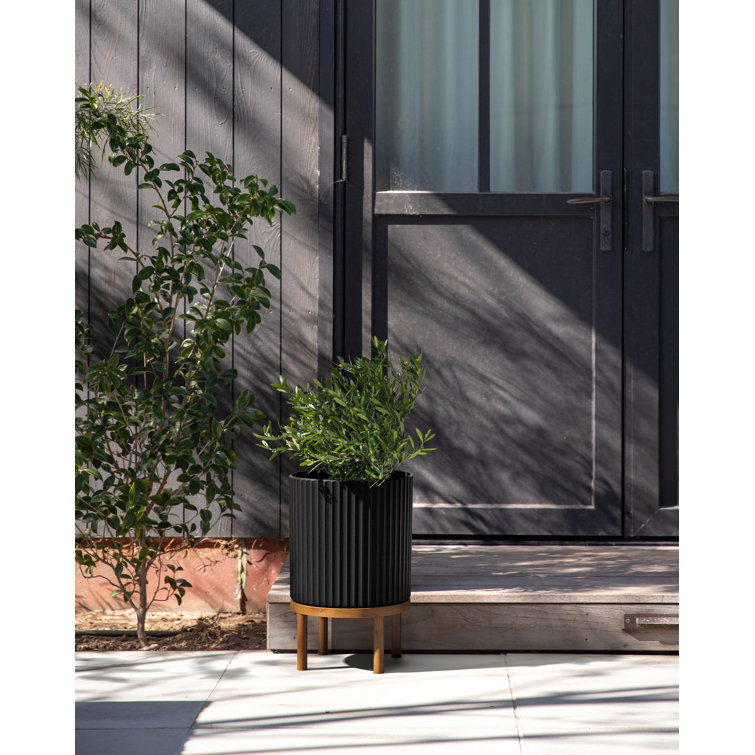 Demi Series 12" Black/Brown Planters with Acacia Wood Stand, Set of 2