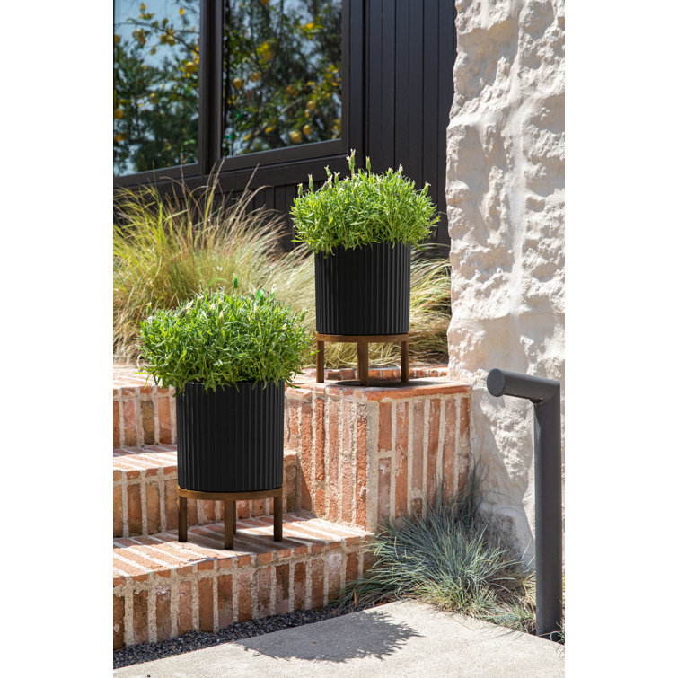 Demi Series 12" Black/Brown Planters with Acacia Wood Stand, Set of 2