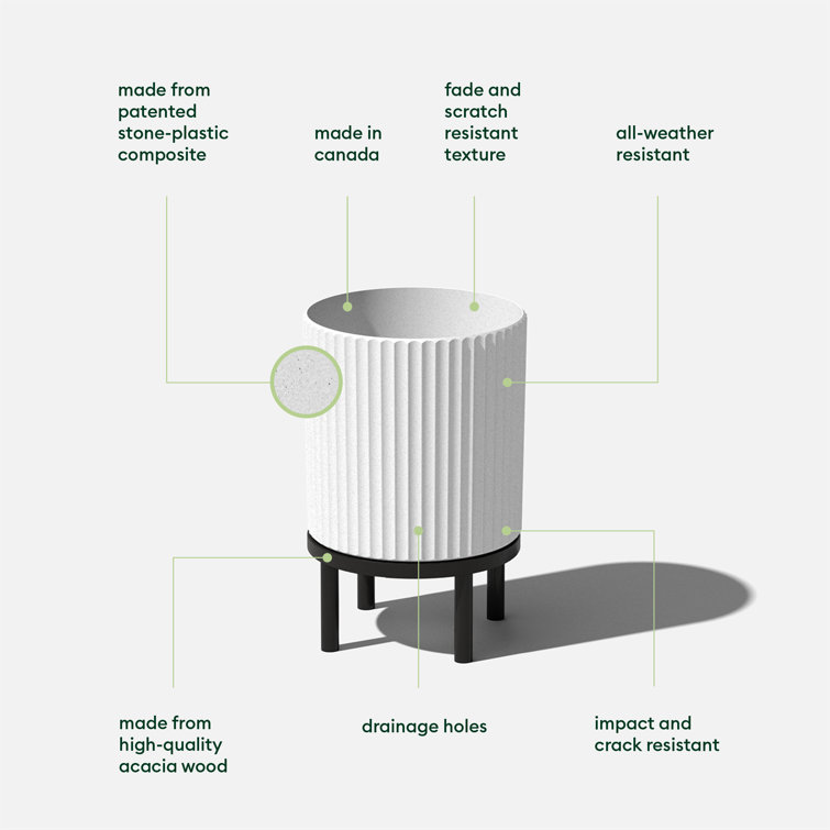 White and Black Fluted Planter with Acacia Wood Stand