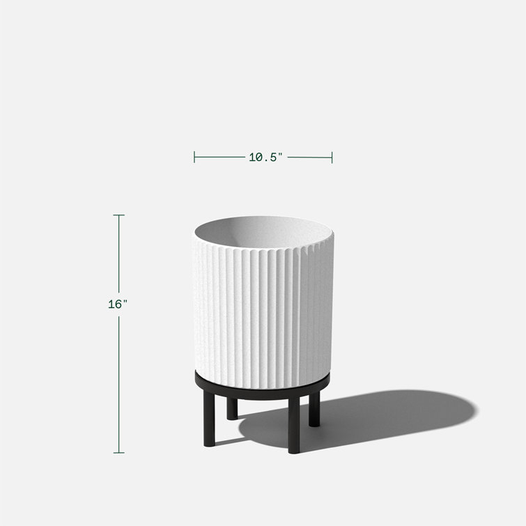 White and Black Fluted Planter with Acacia Wood Stand