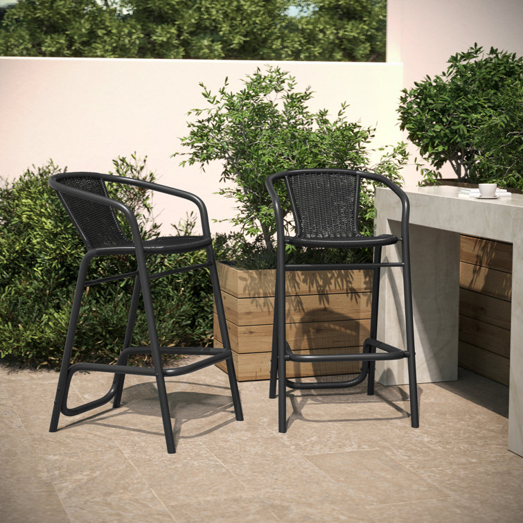 Black Aluminum Frame Indoor-Outdoor Rattan Barstools, Set of 2