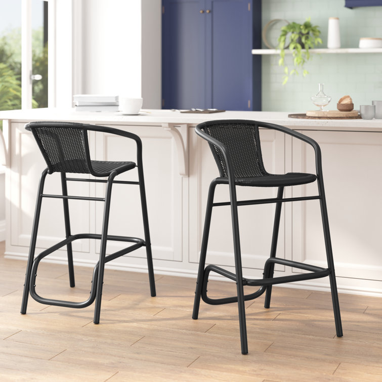 Black Aluminum Frame Indoor-Outdoor Rattan Barstools, Set of 2