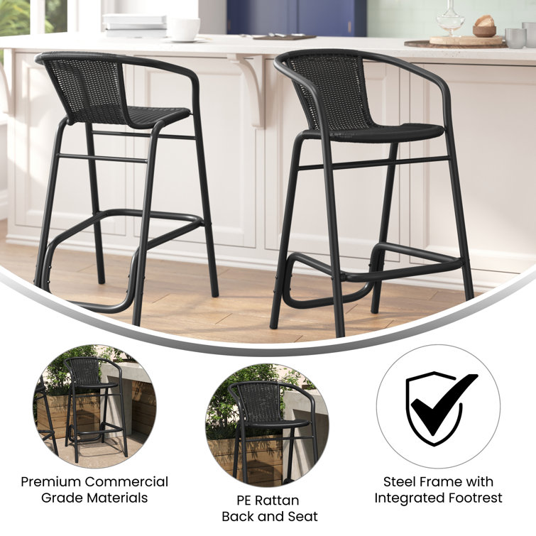 Black Aluminum Frame Indoor-Outdoor Rattan Barstools, Set of 2