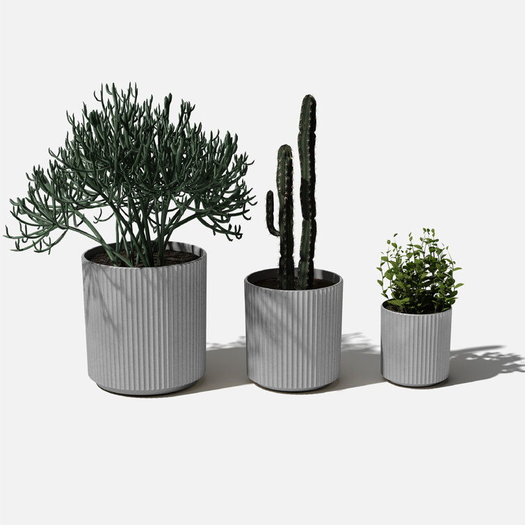 Gray Fluted Concrete-Composite Indoor/Outdoor Planter Set