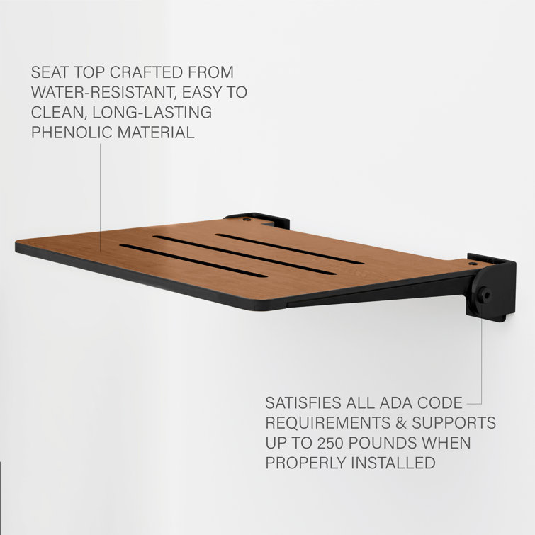 Rustic Teak Folding Wall Mount Shower Bench Seat with Matte Black Frame