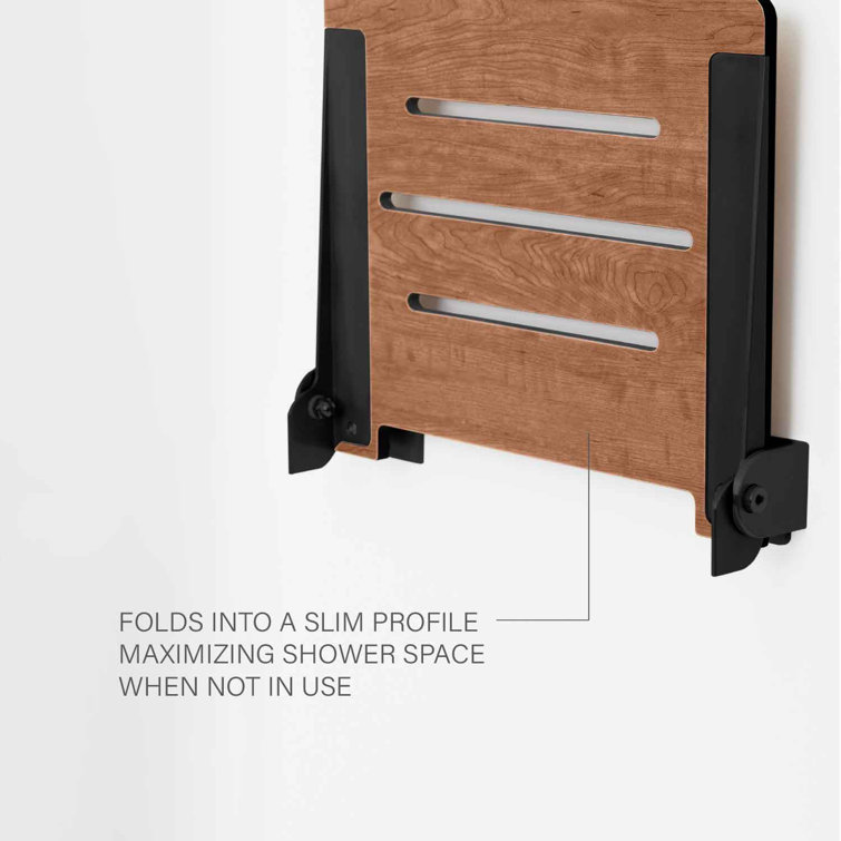 Rustic Teak Folding Wall Mount Shower Bench Seat with Matte Black Frame