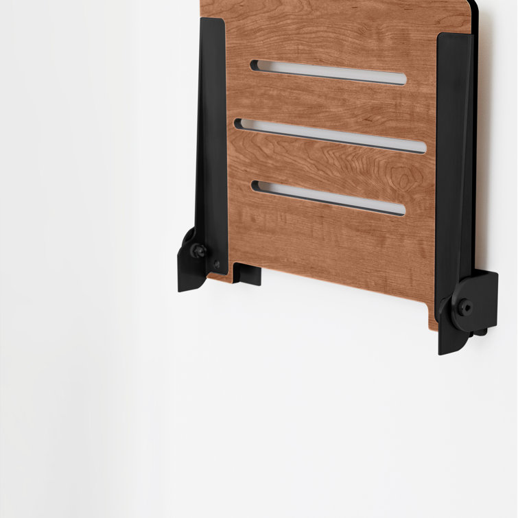 Rustic Teak Folding Wall Mount Shower Bench Seat with Matte Black Frame