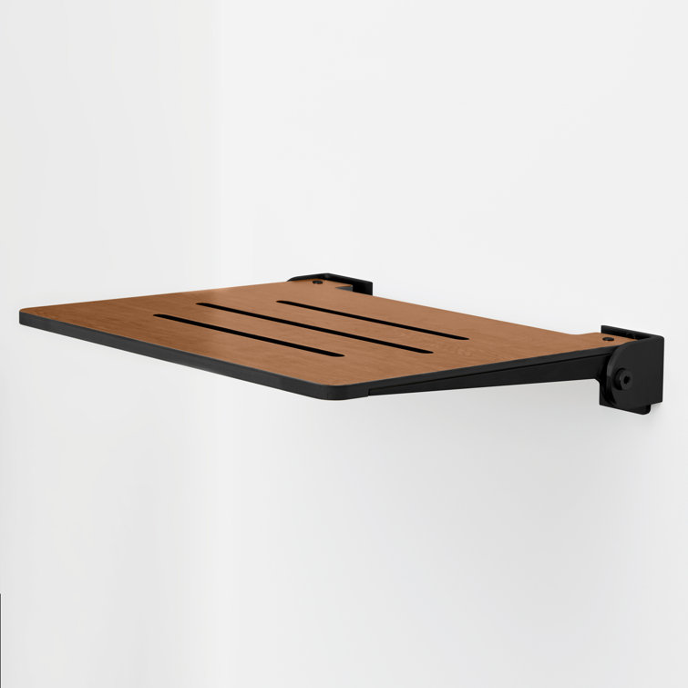 Rustic Teak Folding Wall Mount Shower Bench Seat with Matte Black Frame