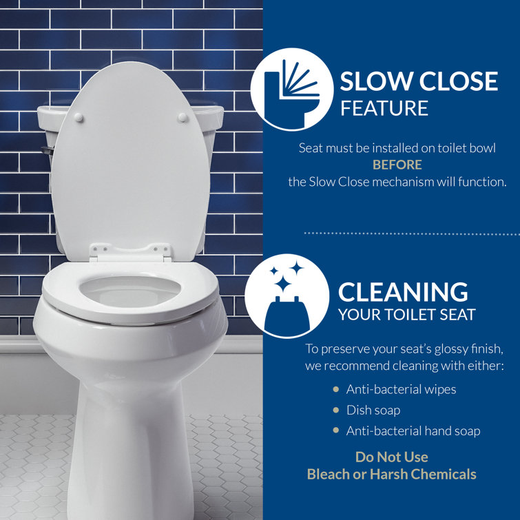 White Round Soft Close Enameled Wood Toilet Seat with Chrome Hinges
