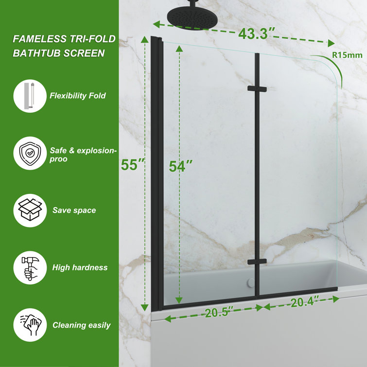 Black 43" x 55" Frameless Glass Tub Door