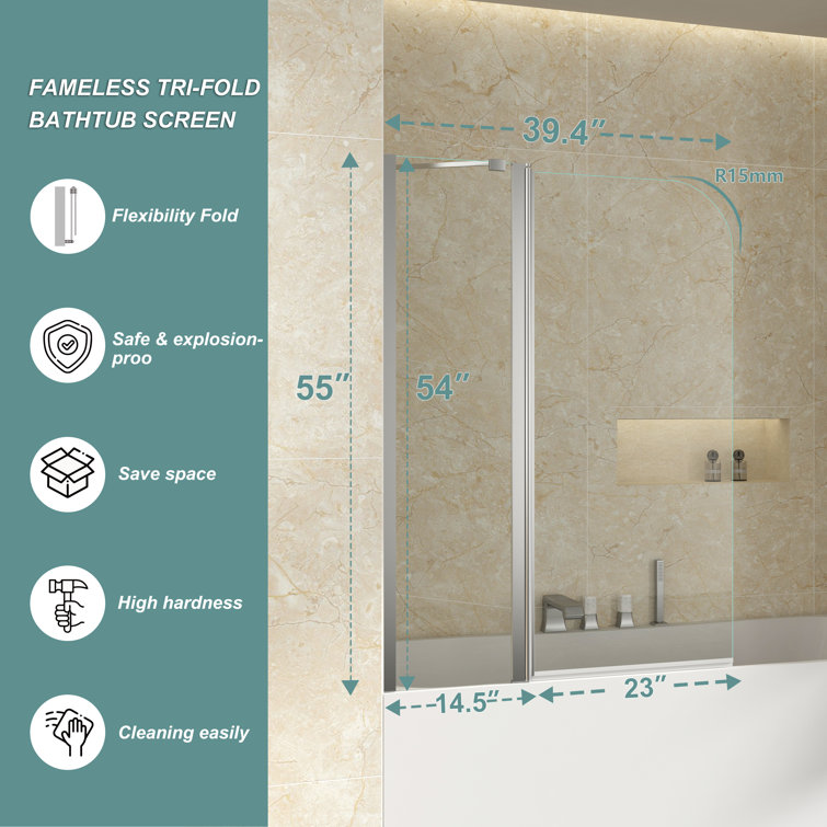 Matte Black Frameless Tub Door with Clear Tempered Glass