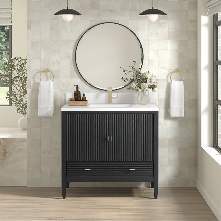 36" Black Plywood Freestanding Single Vanity with Brass Accents