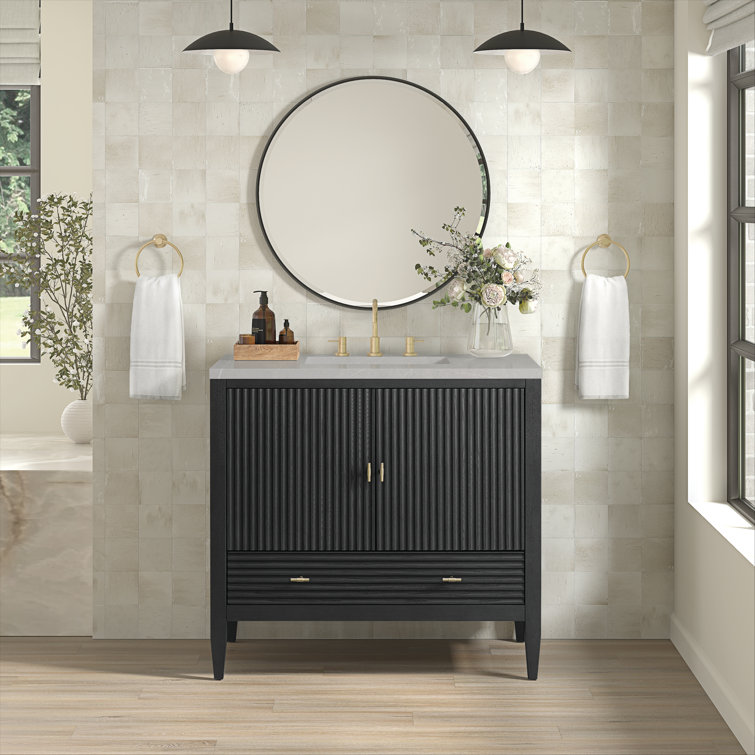 36" Black Plywood Freestanding Single Vanity with Brass Accents
