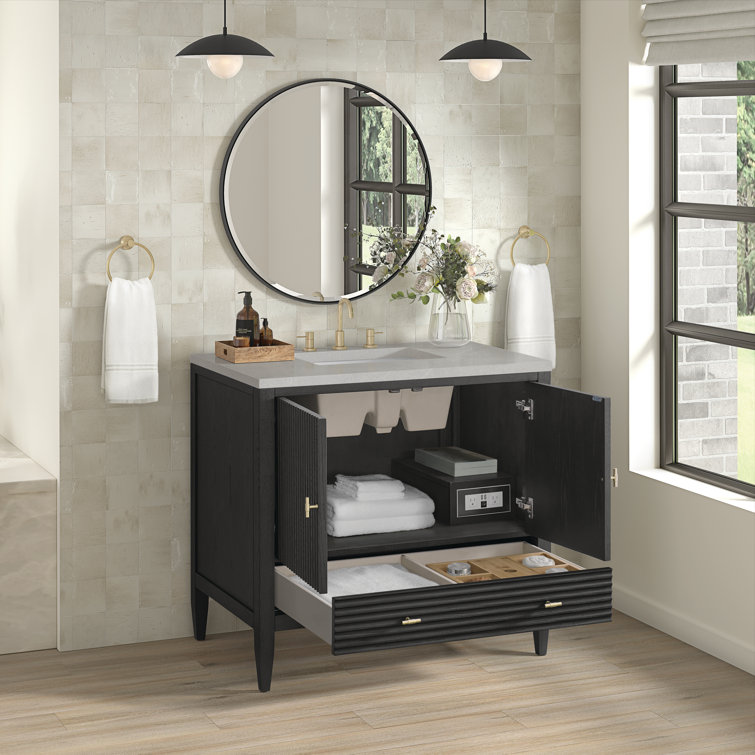 36" Black Plywood Freestanding Single Vanity with Brass Accents