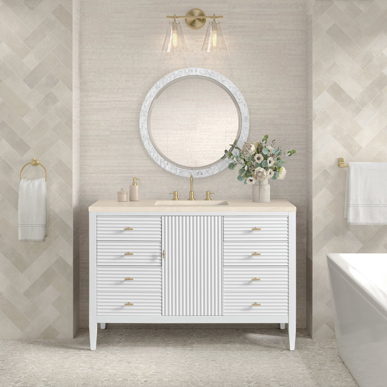 Myrrin 48" Bright White Bathroom Vanity with Eternal Marfil Quartz Top