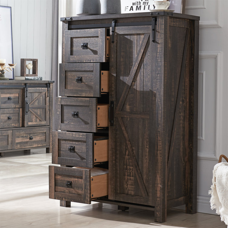 Dark Rustic Oak Farmhouse Tall Dresser with Sliding Barn Door