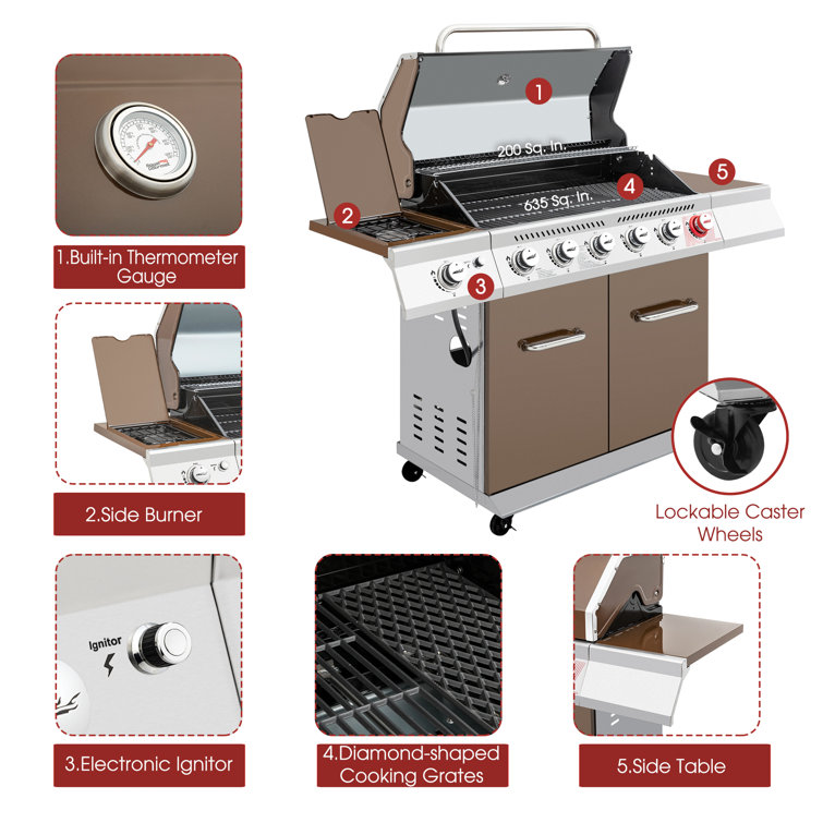 Royal Gourmet 6-Burner Coffee Stainless Steel Propane Gas Grill with Side Burner