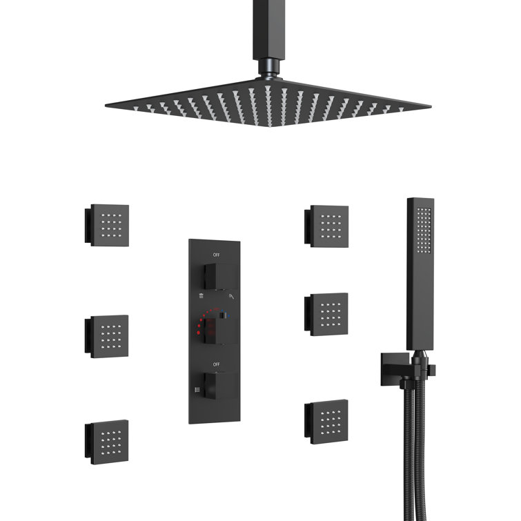 Matte Black 12" Ceiling Mounted Rainfall Shower System with Jets