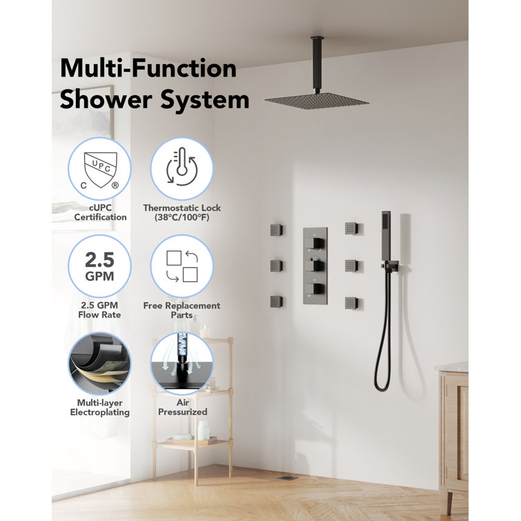 Matte Black 12" Ceiling Mounted Rainfall Shower System with Jets