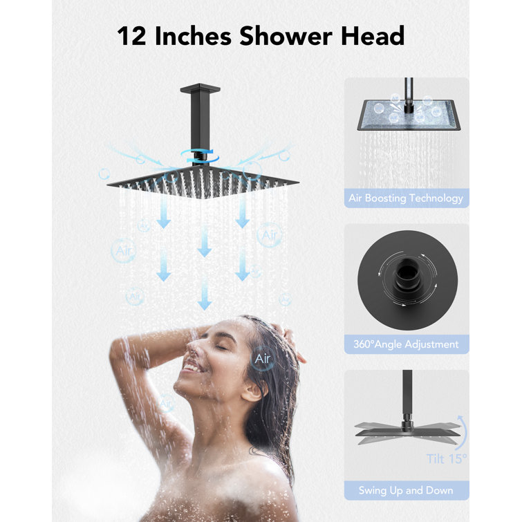 Matte Black 12" Ceiling Mounted Rainfall Shower System with Jets