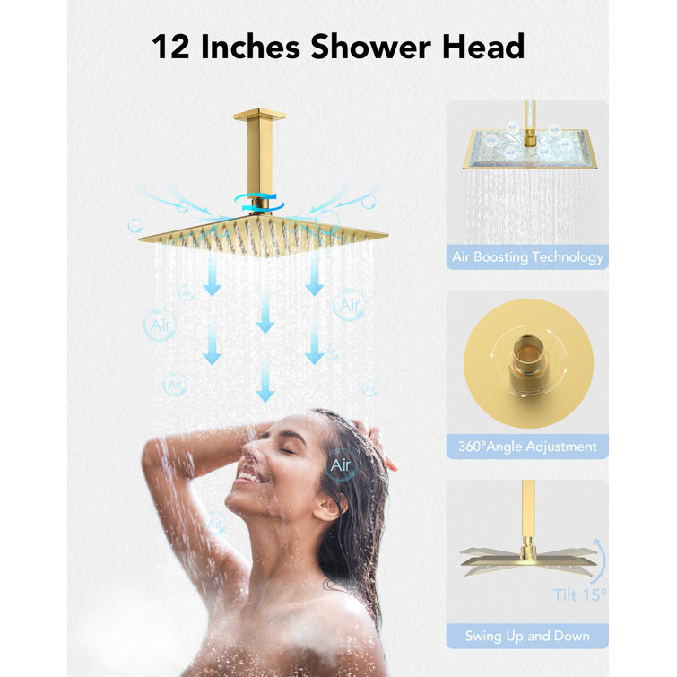 Brushed Gold 12" LED Ceiling Mounted Shower System with Digital Display