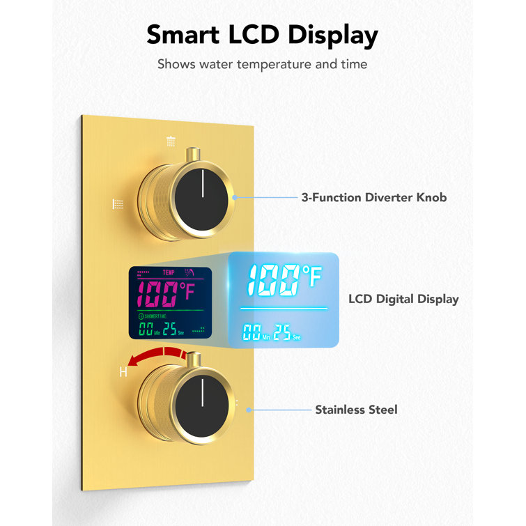 Brushed Gold 12" LED Ceiling Mounted Shower System with Digital Display